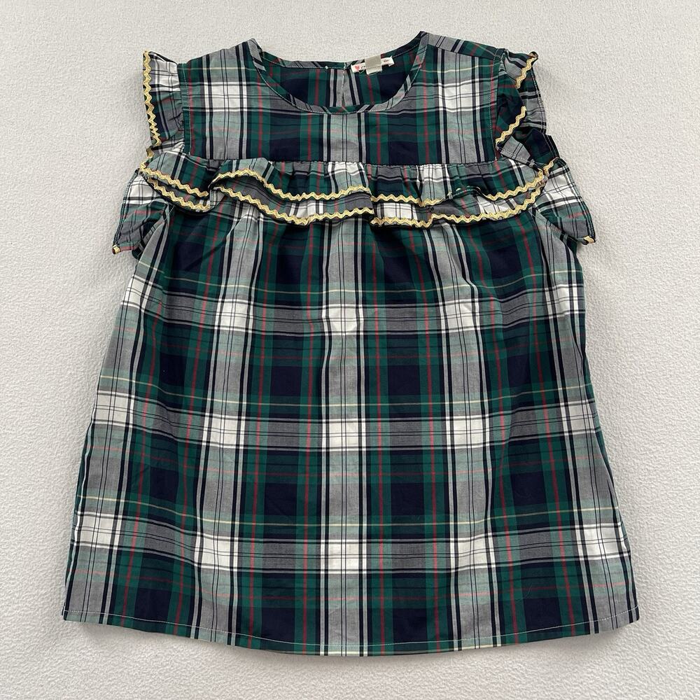 J. Crew Crewcuts Girl Green Plaid Holiday Rick Rack Ruffle Short Sleeve Shirt 12